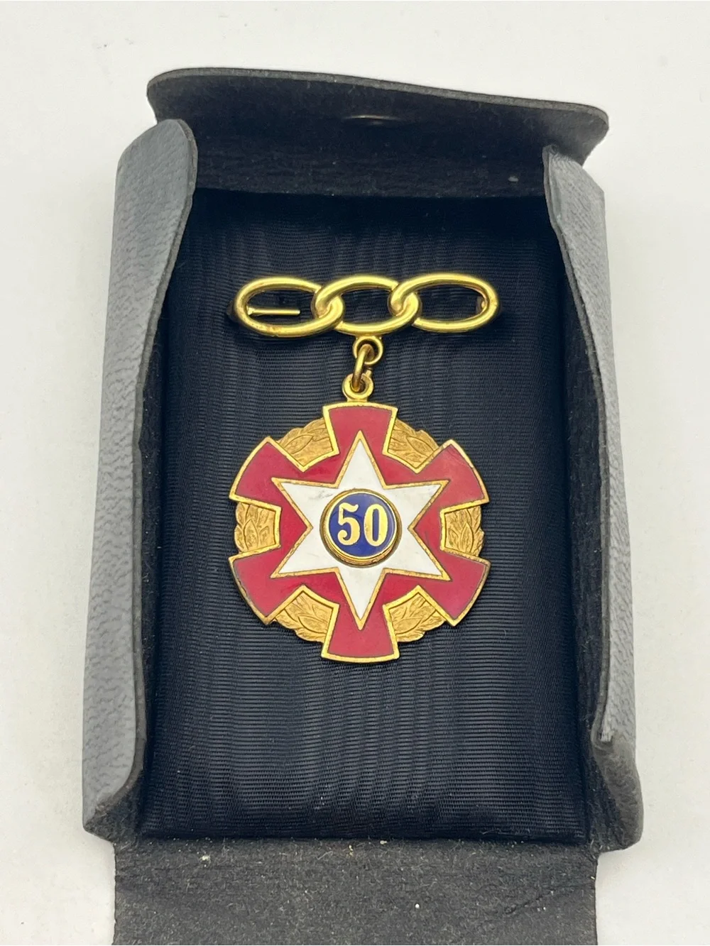 IOOF Order of Odd Fellows 50 year Gold Tone Enamel pin w case vintage MA